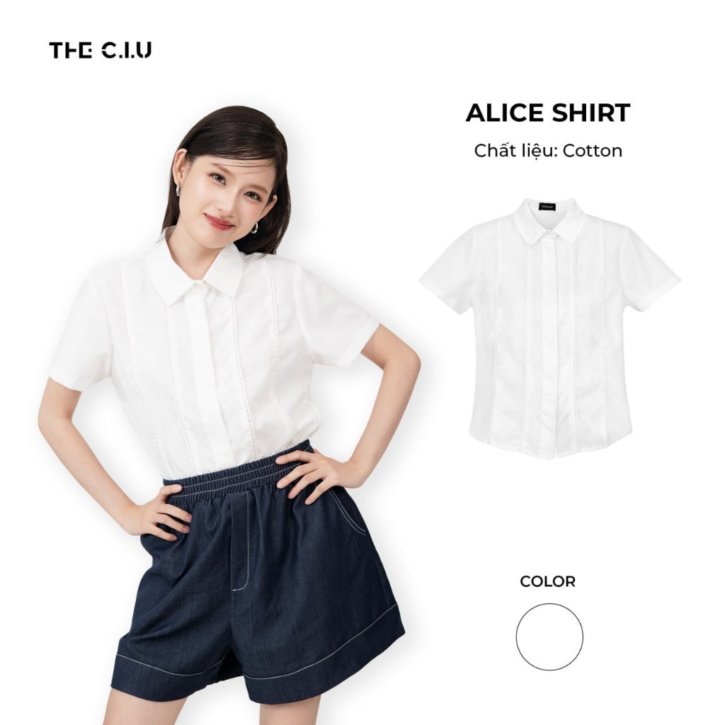 Áo sơ mi nữ hoạ tiết phối ren THE C.I.U, áo sơ mi kiểu tay ngắn công sở basic - Alice Shirt - MN04