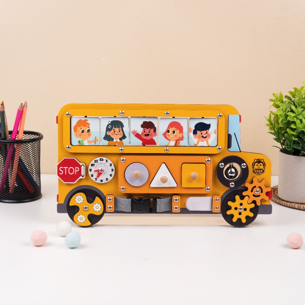 Bus Busy Board for Toddlers - Montessori Inspired Wooden Learning Toys | Safe & Sustainable Play