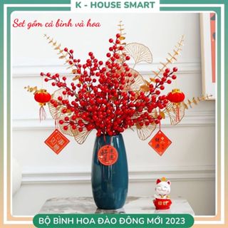Set bình hoa gốm sứ kèm hoa giả đào đông ngày Tết trang trí phòng khách K-House Smart