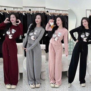  A190 SET THỎ BÔNG 4 MÀU LEN LÔNG THỎ Set Bộ Đồ Nữ Mùa Thu Sang Chảnh Cá Tính Áo Dài Tay Quần Dài Ống Suông 2size 40-65kg 