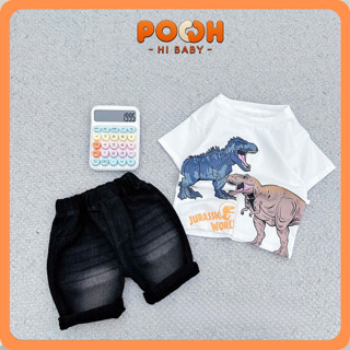 (8-27kg) Bộ Quần Áo Bé Trai In Hình Khủng Long  |  Bộ Trà Sữa | Áo Cotton Co Giãn Mặc Hè + Quần Short Jean Đẹp Cho Bé