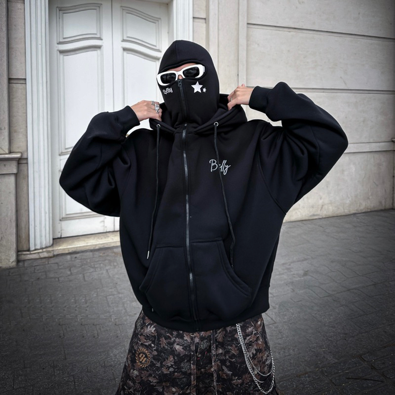 Áo Khoác 2 Nón Hoodie Zip Ninja Belly Bear Nỉ Lót Bông Form Rộng Unisex