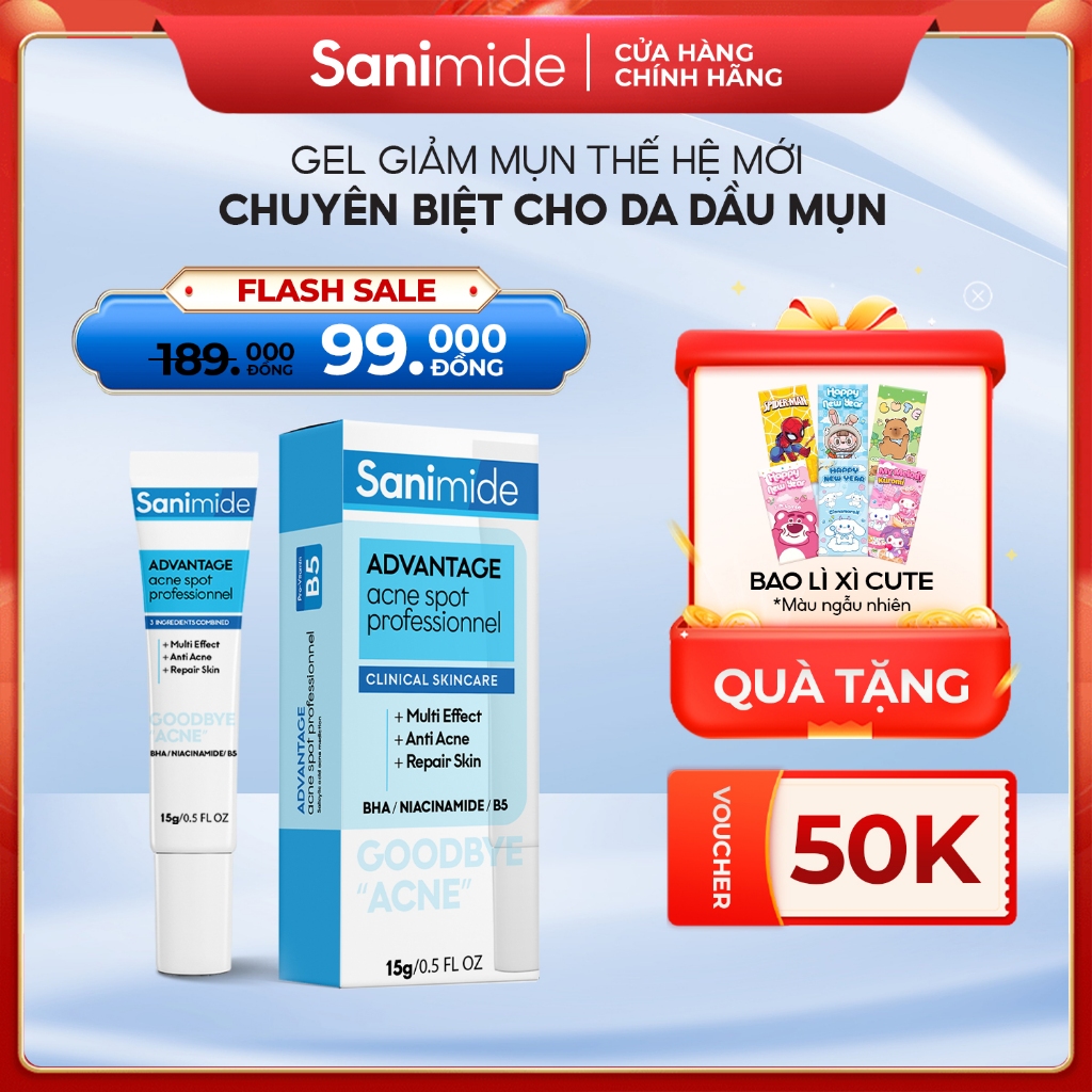 Gel Giảm Mụn Bọc, Mụn Mủ, Mụn Trứng Cá, Mụn Viêm, Mụn Đầu Trắng Và Hỗ Trợ Mờ Thâm Sanimide -Tuýp 15g