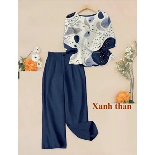 Bộ Trung Niên Áo Hoa Quần ống Rộng Cách điệu Áo vải Lụa Hàn Quần vải Linen sang trọng