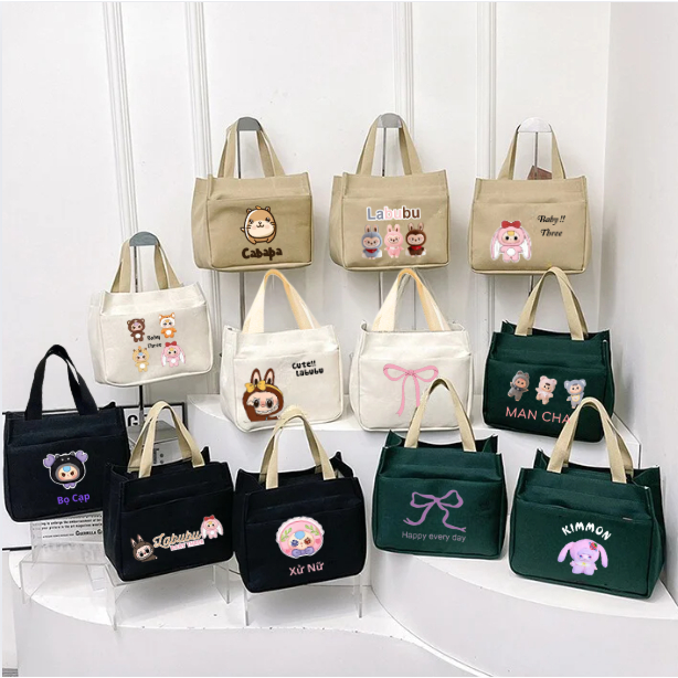 Túi vải canvas đựng hộp cơm, mỹ phẩm tiện lợi đa năng, túi mini xách tay có khoá kéo in hình dễ thương mang đi du lịch