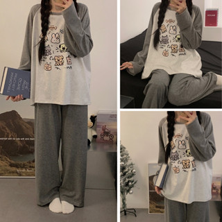 Bộ nỉ nữ chất da cá in nhiều hình áo dài tay phối Raglan dáng rộng phối Quần Suông Ống Rộng Cạp Chun dễ thương