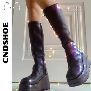 [ CHUẨN HÀNG QC]Bốt Da Cao Đến Đùi, BOOTS cổ cao đế bánh mì kéo khóa - Giày BOOT Phong Cách Punk Gothic, Đế Bằng