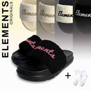 [TẶNG VỚ] E10 - Dép quai ngang Elements Fluffy slippers -  Dép lông chữ thêu đế bằng cao 4cm - Elements