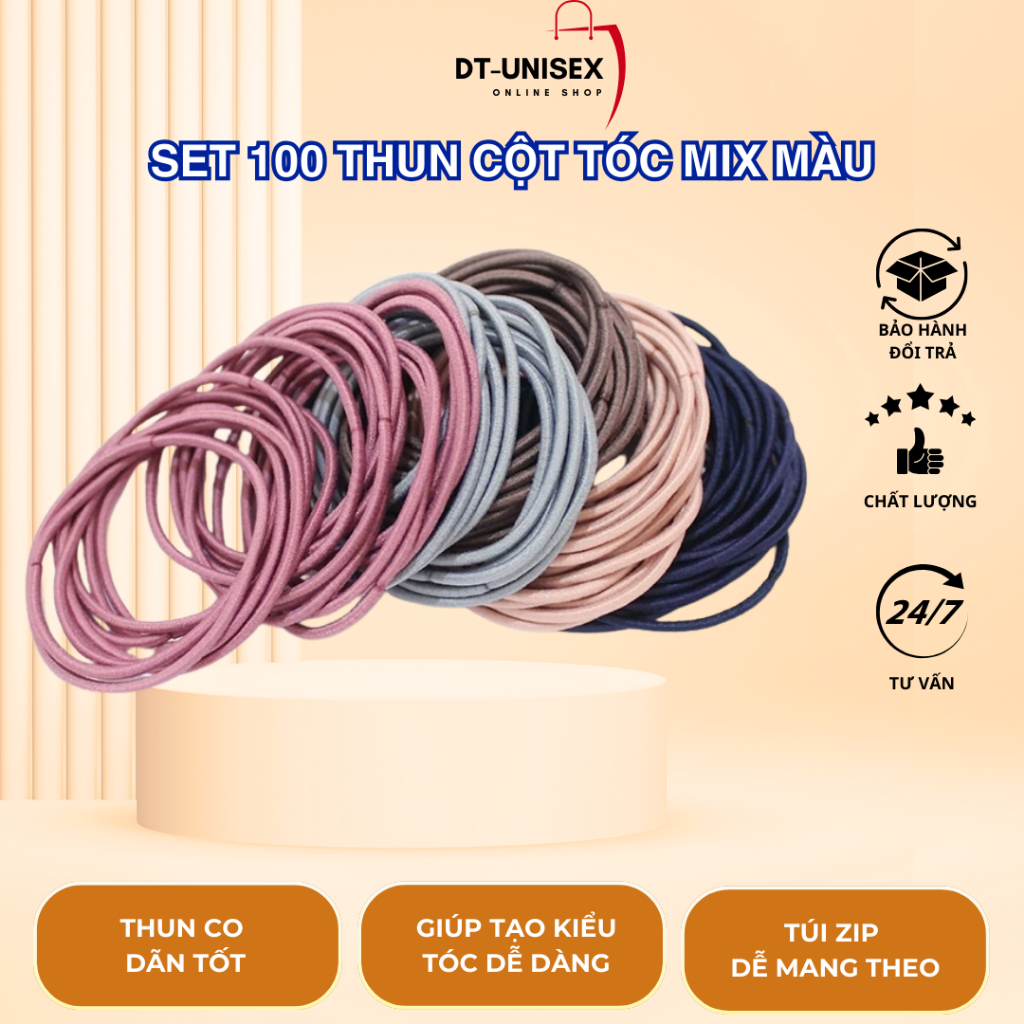 Set 100 Dây Chun Buộc Tóc Trơn Dựng Túi Zip Mix Màu