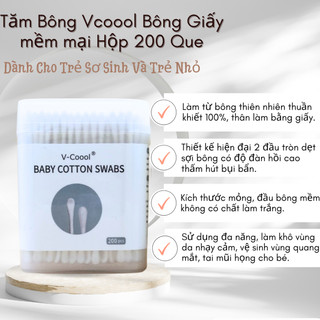 Tăm bông Vcool - Hộp 200 que tăm bông sơ sinh và trẻ nhỏ Vcool 2 đầu ngoái tay và vế sinh cho bé.