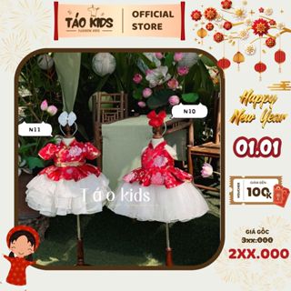 Đầm Váy công chúa bé gái Cổ Tàu gấm voan hoa đỏ chân váy tơ xòe bồng cho bé gái