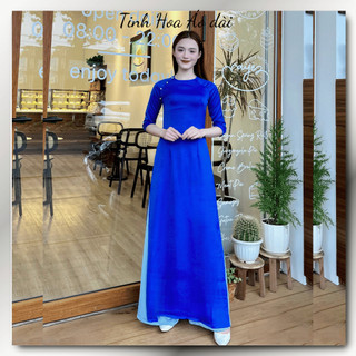  Áo dài truyền thống màu xanh coban trơn cổ tròn tay lỡ đính ngọc lụa tây thi sang trọng may sẵn 