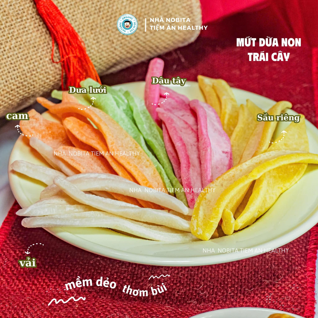 Mứt Dừa Non Ít Ngọt Trái Cây 5 Vị Dưa Lưới - Vải - Cam - Dâu Tây - Sầu Riêng I Nhà Nobita Healthy l 