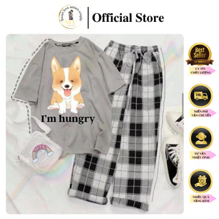 Sét Bộ Nữ SS13, Sét Đồ Nữ Đi Chơi Đẹp In Hình Cún Vàng Dễ Thương Và Quần Kẻ Màu Cá Tính SLU Store
