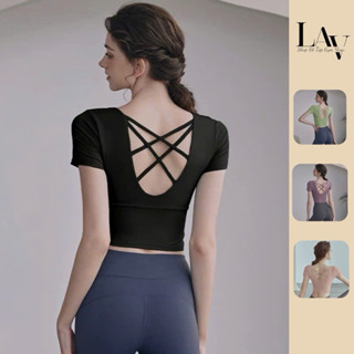  Áo tập gym yoga thể thao cộc tay crotop có đệm ngực  hở lưng đan lưng tôn dáng- LAV Activewear 