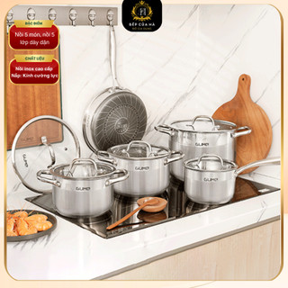 Bộ nồi chảo GUME, chất Liệu inox với đáy 5 lớp phù hợp với mọi loại bếp bảo hành 5 năm - Bếp Của Hà
