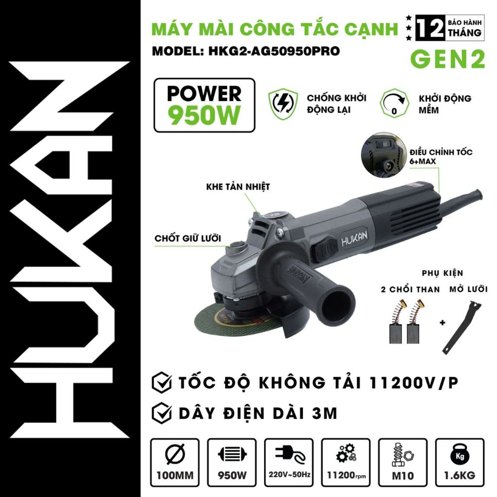 Máy Mài Điện Chỉnh Tốc Hukan HKG2 - AG 50950 PRO Công Suất 950W Đá 100 Chuẩn Đồng Hukan Việt Nam