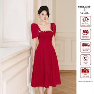 Váy đầm thiết kế cao cấp màu đỏ cổ vuông đính đá sang trọng [ Ảnh thật ] The Shilla-CM.S81C0.72E2