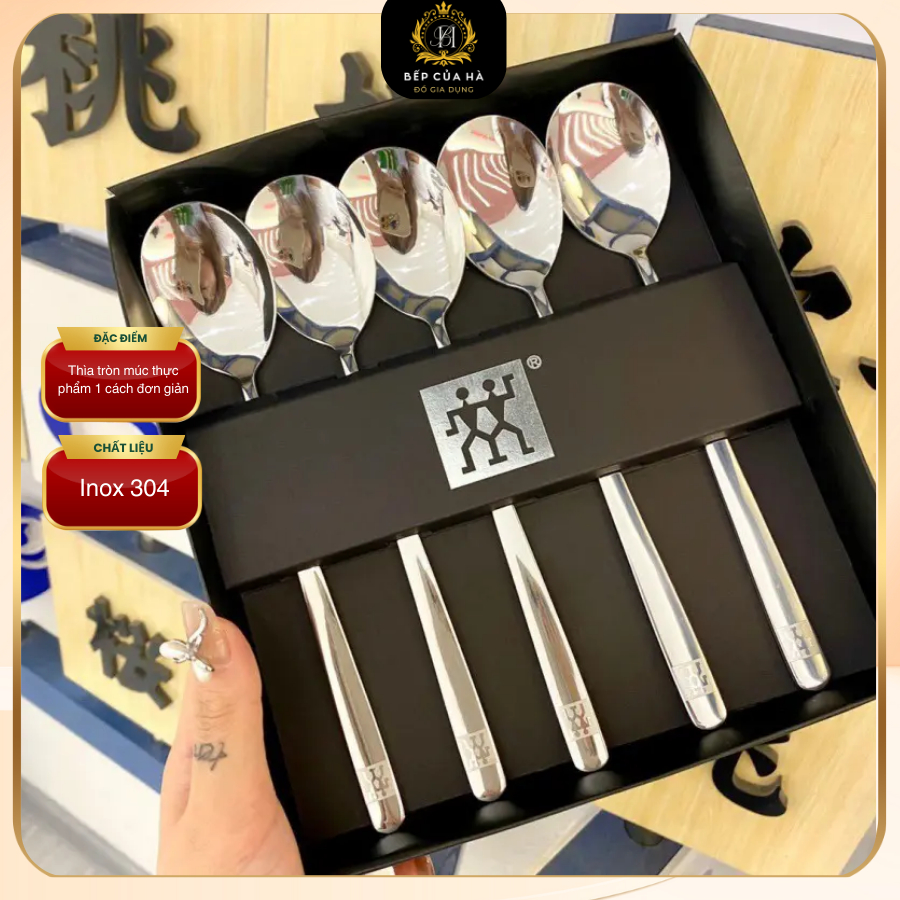 Set 5 Thìa inox 304 Chống Gỉ, thìa dài ăn cơm, phở nội địa Đức sang trọng vỏ hộp cao cấp Zwilling - Bếp Của Hà