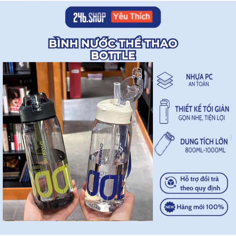 Bình nhựa uống nước BOO có dây đeo,ống hút tiện lợi chất liệu nhựa PC-PP,dung tích 800ml