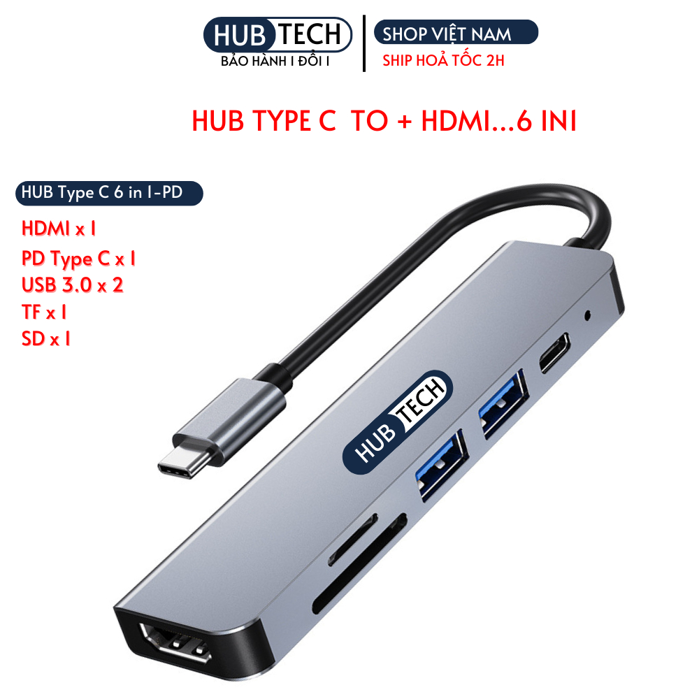 [Mã SKAMSALE0123 giảm 10% đơn 200k] Hub USB Type C Hub Type C 6 in 1 to SD Card/ TF Card/ 3 cổng USB