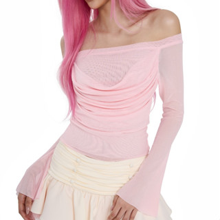 Áo kiểu SheByShj thun lưới tay dài trễ vai màu hồng - Sophia Top