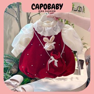  Váy nhung Tết Bé Gái kèm túi thỏ Váy dáng bí 3 chi tiết kèm áo rip lông cổ 3 phân Quần áo trẻ em từ 7-16kg  SH9833  