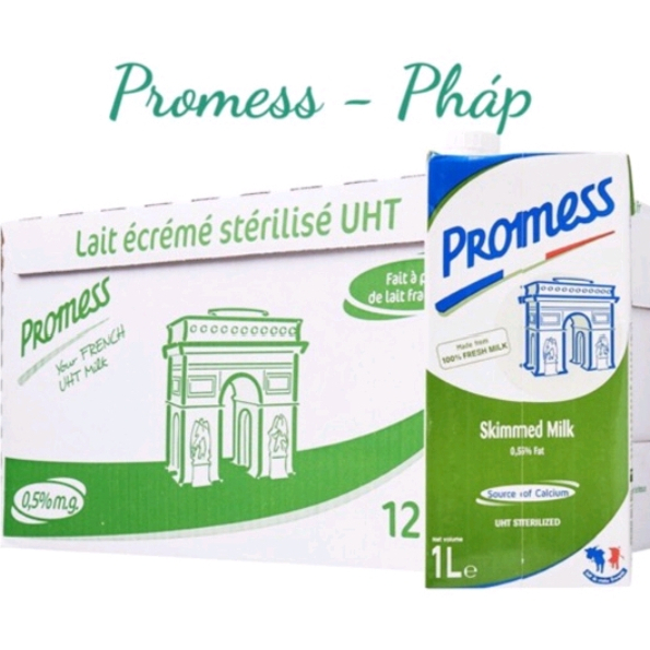 DATE 3/2027 sữa tươi Promess SKIMMED MILK không béo (tách béo), không đường thùng 6 hộp 1L