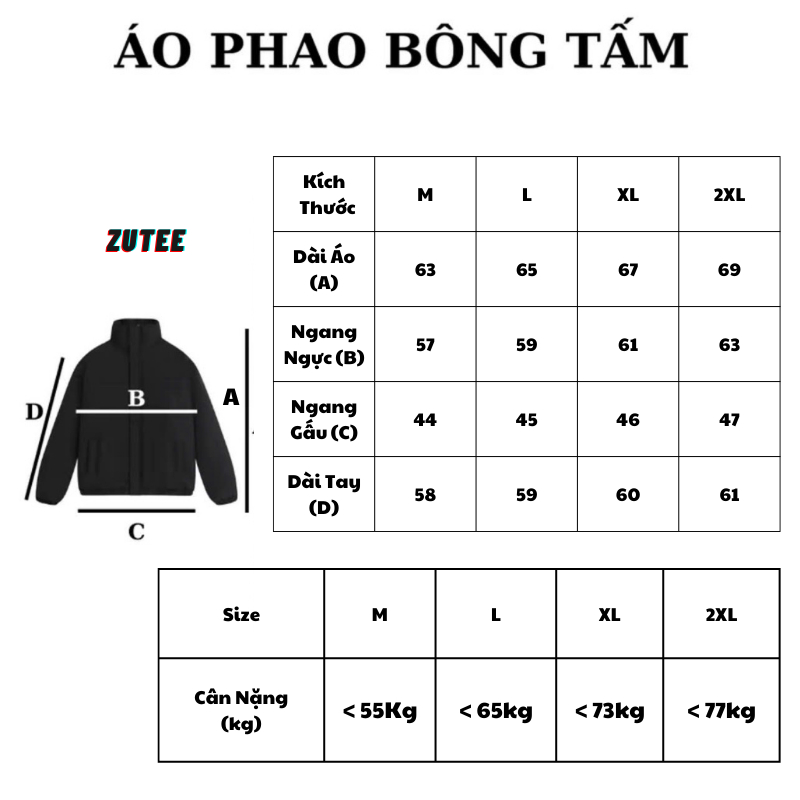 Áo Phao Bông Tấm Nam Nữ ZUTEE Không Dồn Bông Khi Giặt Máy | BigBuy360 - bigbuy360.vn