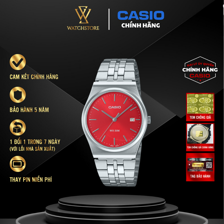 Đồng Hồ Nam Casio MTP-B145D-4A2VDF Mặt Đỏ Kim Bạc Kính Khoáng 35mm Chống Nước Dây Kim Không Gỉ Chính