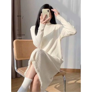 Váy đầm len bầu thu đông dệt kim mềm tua rua phong cách hàn quốc hiện đại, trẻ trung gọn dáng cho mẹ bầu mùa đông mới