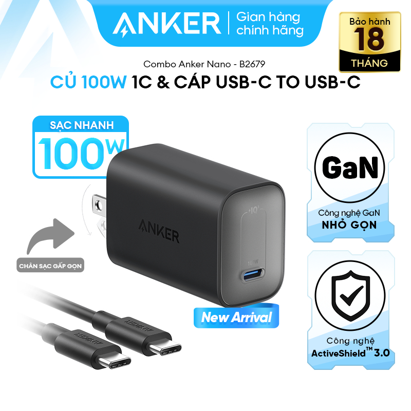 Bộ sạc Anker Nano GaN 100W GaN - 1 cổng USB-C - Kèm Cáp sạc 1.8m USB-C có thể sạc laptop, hỗ trợ PPS