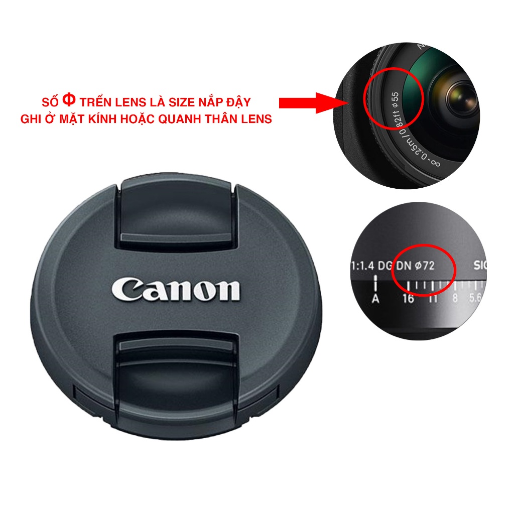 Nắp lens Canon 43mm, 49mm, 52mm, 55mm, 58mm, 62mm, 67mm, 72mm, 77mm, 82mm đủ size thay thế