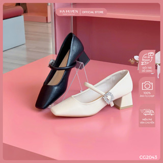 Giày cao gót nữ HÀ HUYỀN da lì mũi vuông quai ngang khóa đá chữ nhật gót vuông 5cm - CG2043