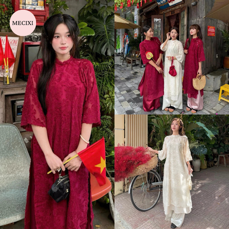 Set Áo Dài Lông Vũ Mecixi Áo Dài Yến Phượng Cách Tân Hoa Nổi Cổ Tàu Phối Quần Lụa T031
