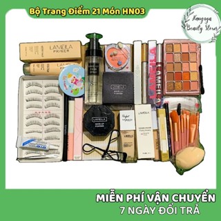 Combo 21 món Makeup Trang điểm (HN03) gồm:  Kem lót, Xịt khoáng, Phấn mắt, Phấn phủ, bộ cọ, kem nền... đầy đủ như hình