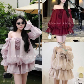 Đầm nữ dự tiệc dáng bí , Váy nữ trễ vai đính bông hoa phù hợp cho mùa thu sống ảo (kèm quần)E