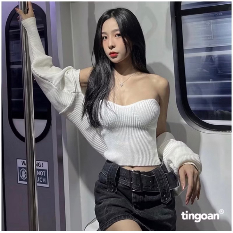 TINGOAN® - Áo set cardigan len xù trắng WAY 2 Sexy