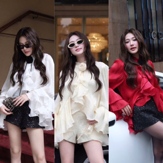 ( Chuẩn Hàng L1 ) Set Bộ Áo Sơ Mi Tơ Voan Bèo Tay Loe Nhiều Lớp Đính Hoa Trà Mix Quần Short Dạ Tweed Kim Tuyến Lấp Lánh