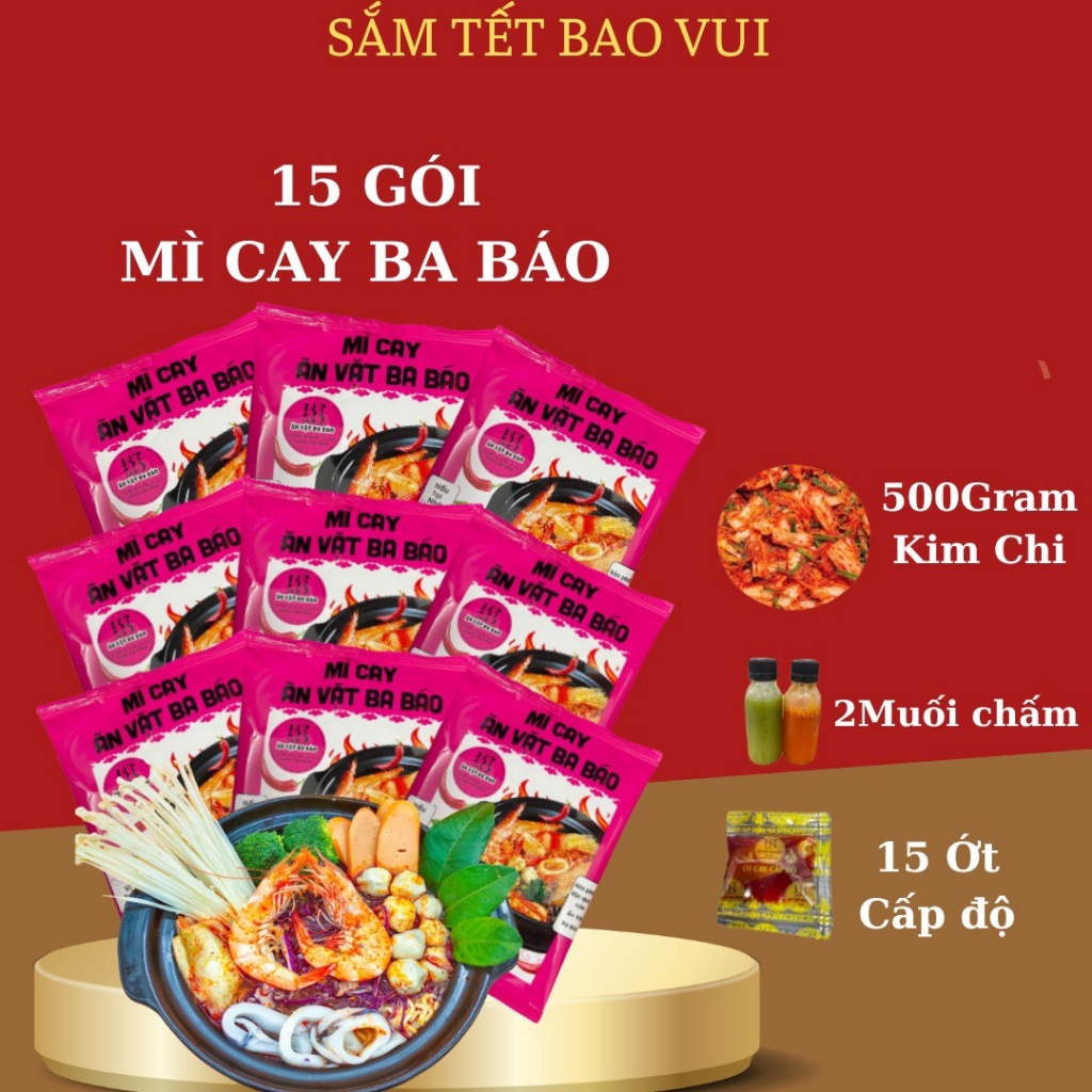 COMBO 15 gói mì cay BA BÁO cốt pha sẵn nấu tại nhà vị tại quán ( 1 gói gồm mì và súp ) kèm ớt độ , 500g kchi , 2 muối