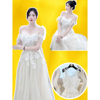 Đầm váy trắng công chúa ren hoa leo hai dây 2s trễ vai 3 lớp lưới bigsize phối lông vũ xoè dài sang chảnh tiệc cưới ROSA