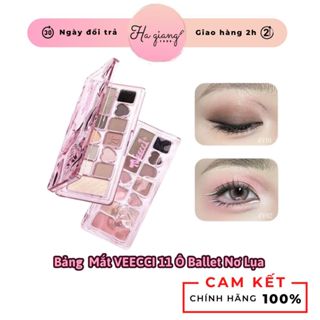 Bảng Phấn Mắt VEECCI 11 Ô Ballet Nơ Lụa Hồng Đen, Có Kèm Mút Vệ Sinh Cọ Tiện Lợi, Đa Năng