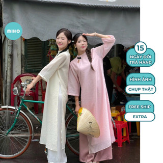 Set áo dài Tinh Tú truyền thống khoét vai kèm nơ đen Miho House