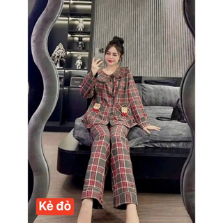 Bộ Ngủ Dài Tay Nữ Kẻ Phối Cổ Sen Bigsize(40-->92kg)Chất Thô boy mềm hàng Vip tốp 1 Đồ bộ Hót