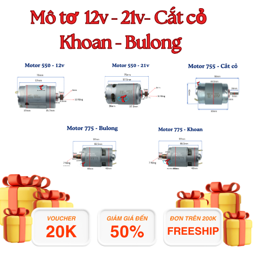 Mô tơ/ motor 550 12v, 21v, mô tơ cắt cỏ, mô tơ 775 khoan và bulong