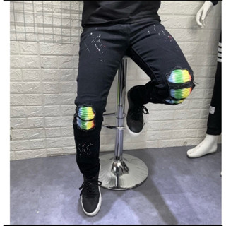 Quần jean bò nam slimfit đen rách xước lót da nhăn trắng đùi gối cao cấp QJ29P
