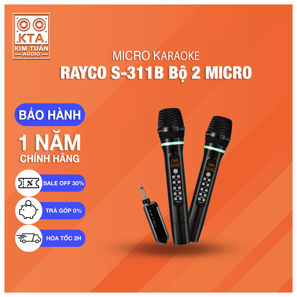 Micro Mixer không dây 2 micro Rayco S311B plus+ dùng cho mọi Loa, Loa Bluetooth, jack 3.5 -bảo hành 12 tháng