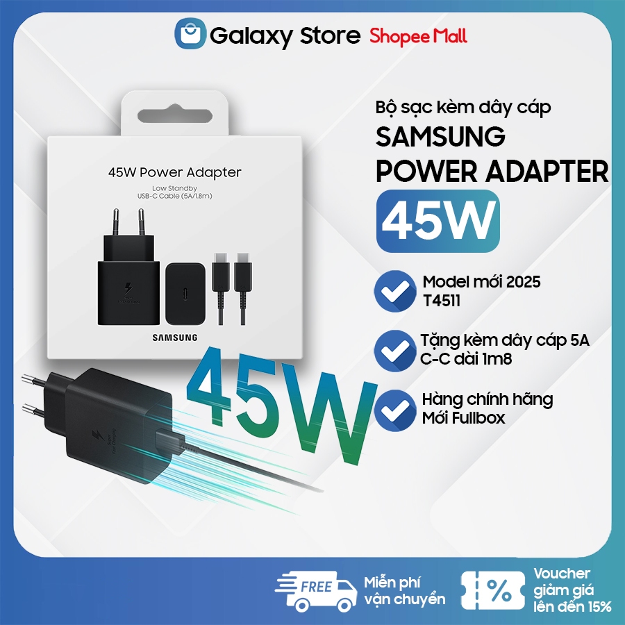 Bộ sạc nhanh 45W Samsung chính hãng FULLBOX dây 5A 1m8 - Bảo hành 12T - GalaxyStore