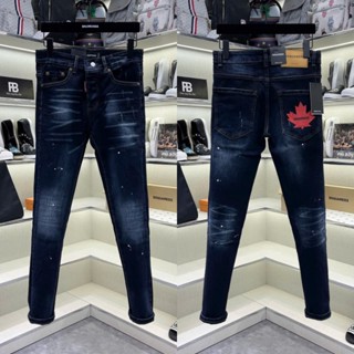 Quần jean bò nam DSQ slimfit trơn wash xanh đậm loang bạc dập nhăn 3D vảy sơn in logo lá phong túi QJ657P