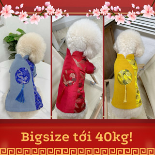 [Bigsize tới 40kg] Áo dài Tết phối gấm cho chó mèo phối hoạ tiết lưng tròn và tua rua sang trọng Sâu Petshop